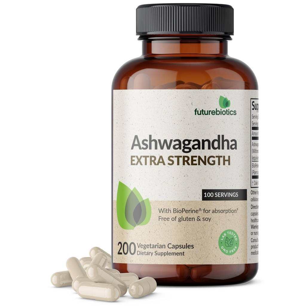 Futurebiotics Ashwagandha Extra Strength Stress & Mood Support avec BioPerine - Formule non OGM, 200 Capsules végétariennes