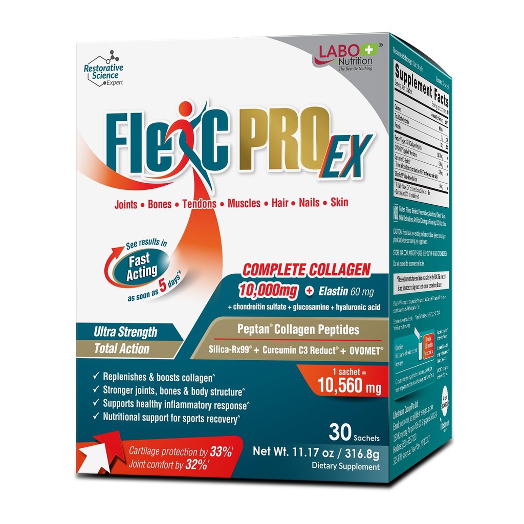 LABO Nutrition FlexC PRO EX, Collagène plein spectre, Type I, III, V & X, Collagène de Peptan, Membrane de coquille d'oeuf, Réduit de Silice et Curcumine C3 soluble dans l'eau, pour cheveux, peau, ongles, articulations, os, muscles