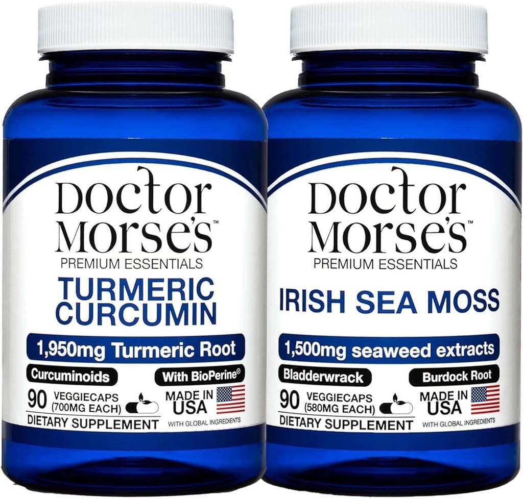 Doctor Morse Curcumin Turmeric 1950mg & Irish Sea Moss 1500mg Bundle - Joint Support, Immune Boost, et la santé globale avec BioPerine et Bladderwrack FDA enregistré, certifié NSF 90 capsules