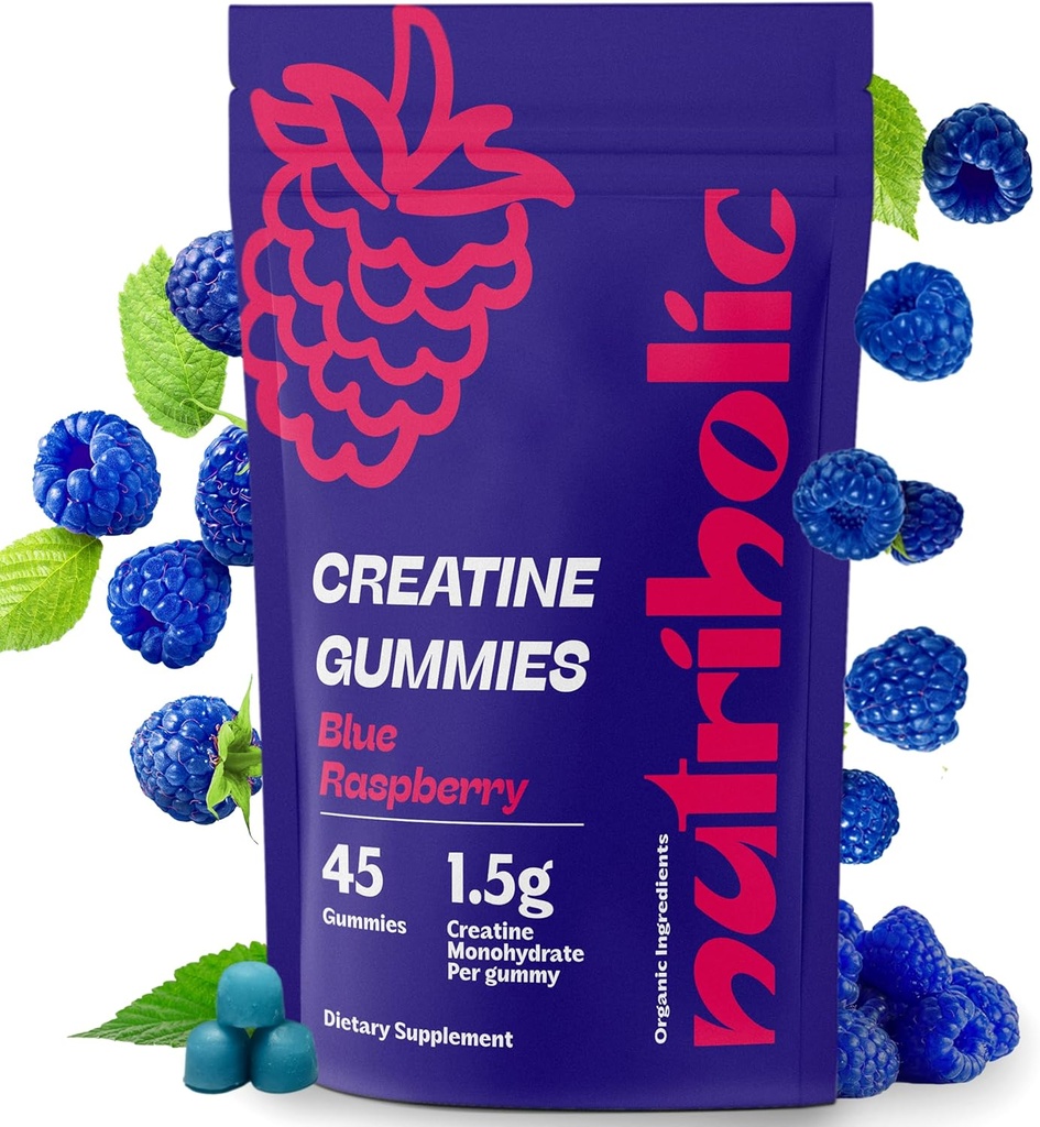 Gommies monohydratées de créatine pour les hommes et les femmes - Facile à digérer, végétalien, sans gluten, non-OGM, 1,5g de créatine par gummy - 45ct (45 comte, framboise bleue)