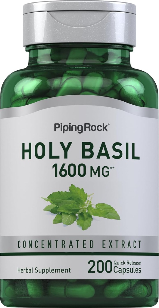 Pipeping Rock Holy Basil Capsules de 1600 mg de 200 pilules Extrait de feuille d'herbe de 200 pilules Supplément pour les femmes et les hommes