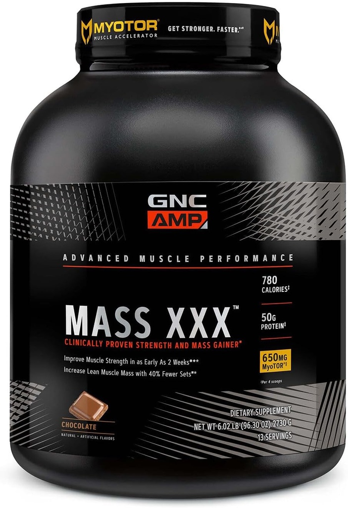 GNC AMP masse XXX, cliniquement prouvé gain de poids en poudre de protéines, améliore la résistance et la taille, 780 calories, 50g de protéines, acides aminés micronisés, créatine, bêtaine, chocolat, 13 portions, 6 livres