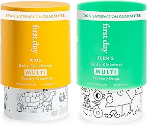 Premier jour Ensemble de gommes multivitamines pour enfants et adolescents – Vitamines A, B, C, D & K + Folate, Magnésium, et zinc – Fait avec/Fruits organiques et légumes, seulement 2g de sucre – 2-Pk, 30 jours d'approvisionnement chacun