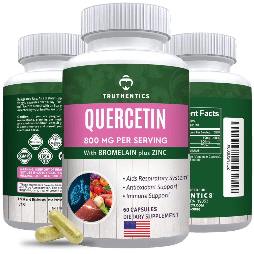 TRUTHENTICS Quercetin avec Bromelain et Zinc 1050mg - Suppléments de Zinc Quercetin Premium pour le soutien immunitaire, respiratoire et saisonnier - Non-OGM, sans gluten - 60 Capsules de Veggie