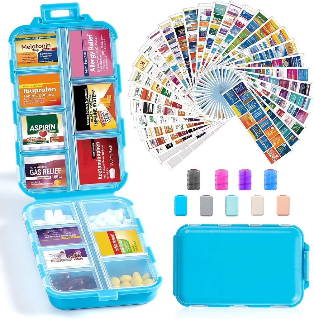 14 Grilles Boîte d'organisateur de pilules de voyage avec 415-Pcs Medicine Name Etiquettes - Pocket Daily Pharmacie Trousse de contenants - Distributeur de médicaments de voyage pour l'huile de poisson - Bleu