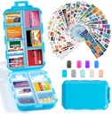 14 Grilles Boîte d'organisateur de pilules de voyage avec 415-Pcs Medicine Name Etiquettes - Pocket Daily Pharmacie Trousse de contenants - Distributeur de médicaments de voyage pour l'huile de poisson - Bleu