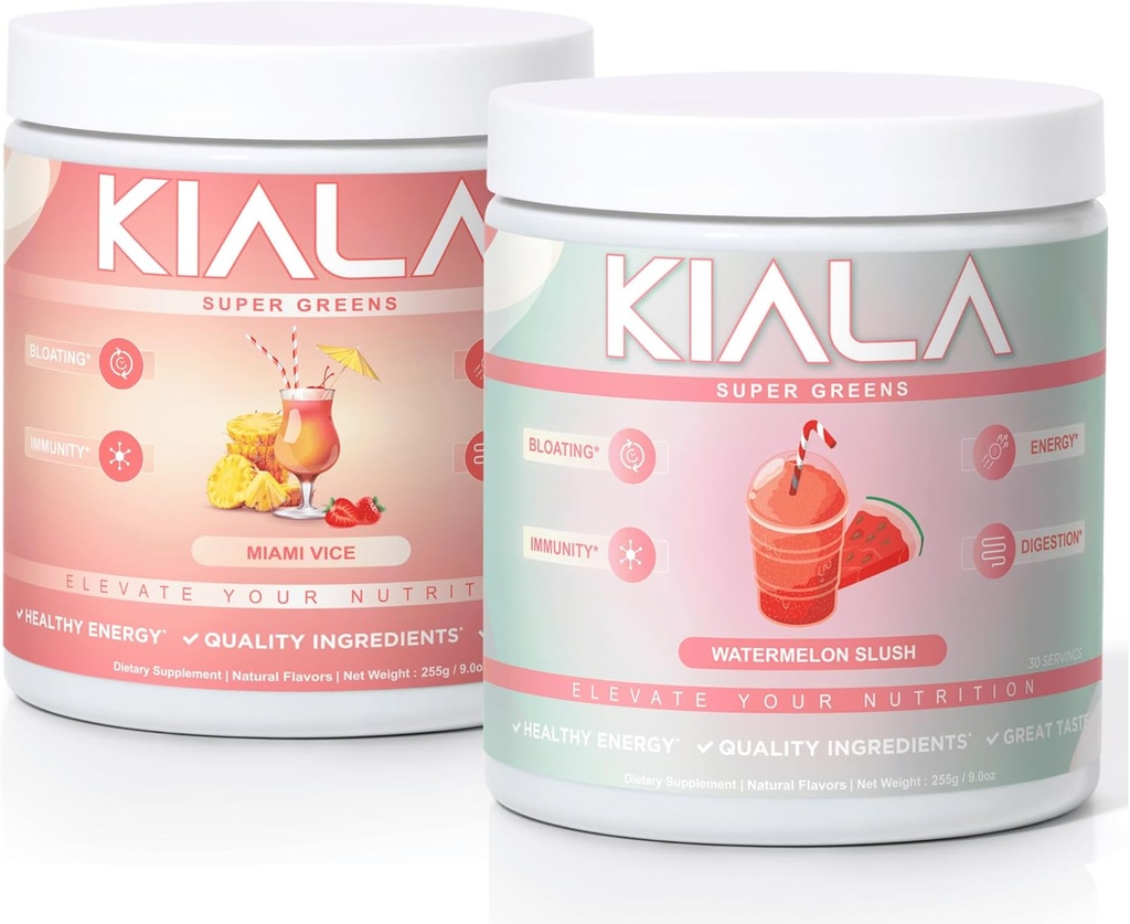 Kiala Nutrition Super Greens, Poudre de Verts Biologiques, Spiruline et Chlorella Superfood Poudre, Vegan sans sucre et sans gluten, Spectra Blend, Miami Vice, Pastèque Slush 2 Pack
