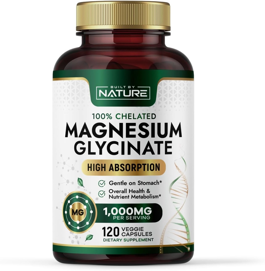 Construit par nature Glycinate de magnésium 1000mg – Supplément de magnésium à haute absorption – 100% chélaté, doux sur l'estomac - Soutien musculaire, cardiaque, os et relaxation - Non-OGM, végétalien - 120 Capsules