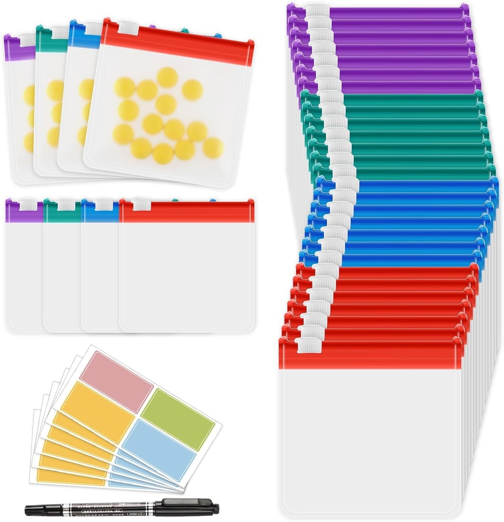 MARFOREVER 39 Pcs Pill Pouch Bags Set - Pill Bags Travel Pill Organizer Reuseable Medicine Organizer Pills Storage Poches Self Sealing 28 Pcs Plastic Medicine Bags 10 Feuilles Etiquettes et 1 Pc Marker
