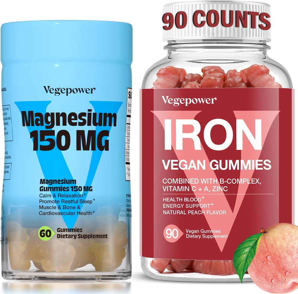 Supplément en fer avec Gommies de magnésium, Gommies de fer végétaliens avec vitamine C, A, B-Complex, Folate, Zinc pour adultes et enfants, pour carence en fer, Anémie, Sommeil de détente, Non-OGM