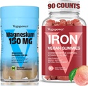Supplément en fer avec Gommies de magnésium, Gommies de fer végétaliens avec vitamine C, A, B-Complex, Folate, Zinc pour adultes et enfants, pour carence en fer, Anémie, Sommeil de détente, Non-OGM