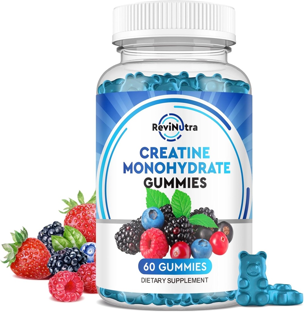 Creatine Monohydrate Gommies pour hommes et femmes, Chewables Creatine Monohydrate avec vitamine B12 pour la croissance musculaire et la récupération-Vegan, mélange de fleur de baie, 60 Gommies
