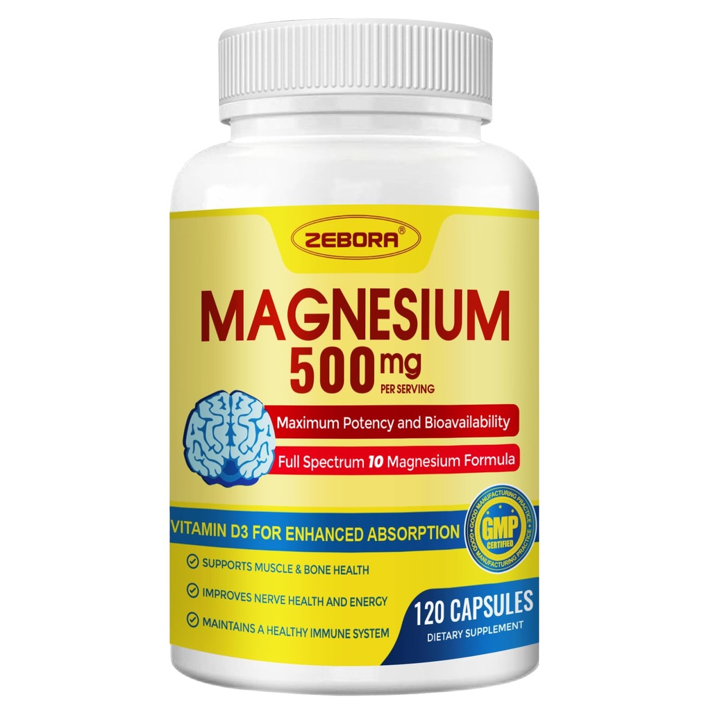 Supplément complexe de 10-en-1 de magnésium, Glycinate de magnésium 500mg avec Citrate & Malate, Chélaté Haute Absorption Plus Vitamine D3 & Zinc - pour support Nerve, Muscle & Bone - 120 Capsules