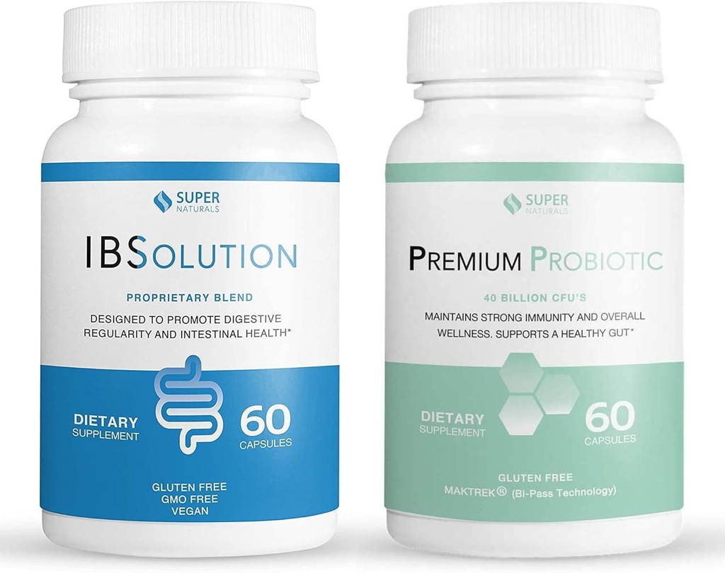 IBSolution Gut Health Bundle - All Natural Gut Health Support & Premium Probiotiques w/ 40 Million CFU pour le soutien des Bowels irréguliers, Bloating, Constipation, Gas, Douleur abdominale - 2 Pack (120 Caps)