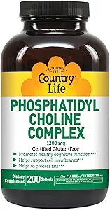 Country Life Complexe Phosphatidyl Choline, favorise une fonction cognitive saine, 1200mg, 200 Softgels
