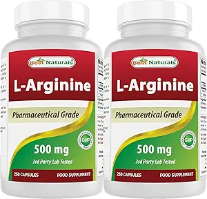 Best Naturals L-Arginine 500mg 250 Capsules (250 Nombre (paquet de 2))