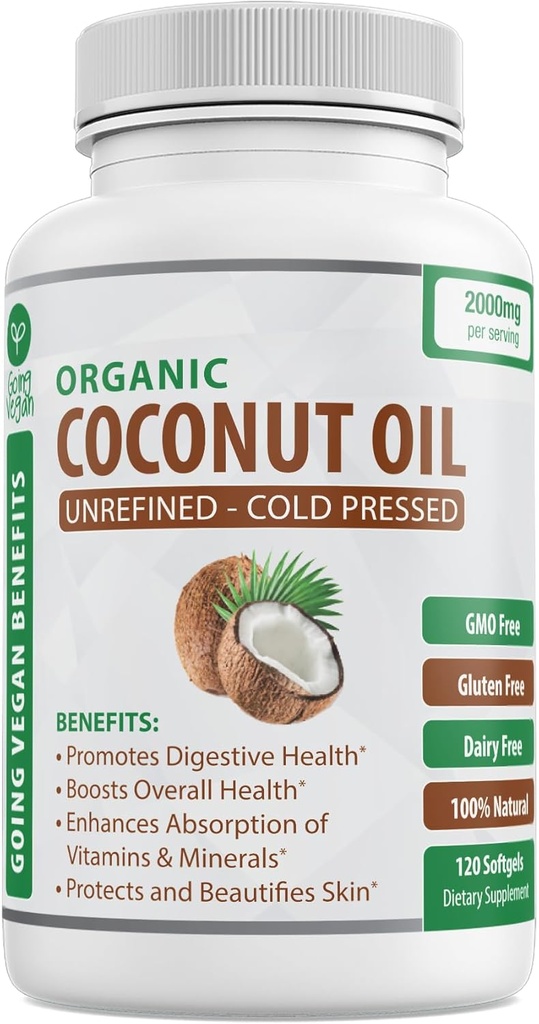 Capsules d'huile de coco bio 2000mg - 100% vierge extra, pressé à froid pour une peau saine, croissance supplémentaire des cheveux, soin des ongles, booster cerveau - 120 Softgels - Pilules pures et non OGM non raffinés - Riche en MCT