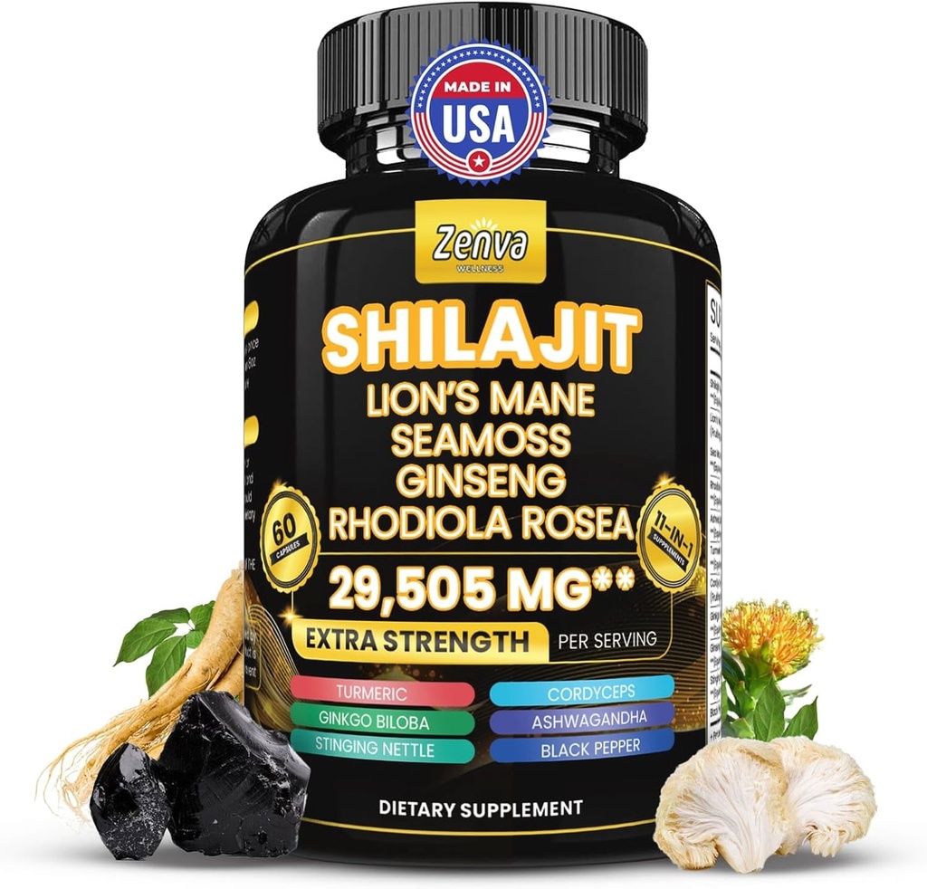 Shilajit et la mousse de mer Combo pur Shilajit pour hommes et femmes Himalayan Shilajit Capsules Extra Strength avec Lions Mane, Rhodiola Rosea, Ashwagandha, Cordyceps, Ginseng Plus Turmeric