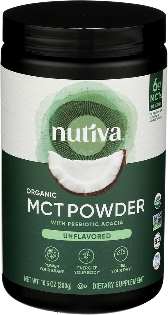 Nutiva Organic MCT Poudre avec fibre d'acacia prébiotique, classique, 10.6 Oz, USDA biologique, non-OGM, non-BPA, végétalien, sans gluten, kéto et paléo, boisson instantanée ou booster le café et les smoothies