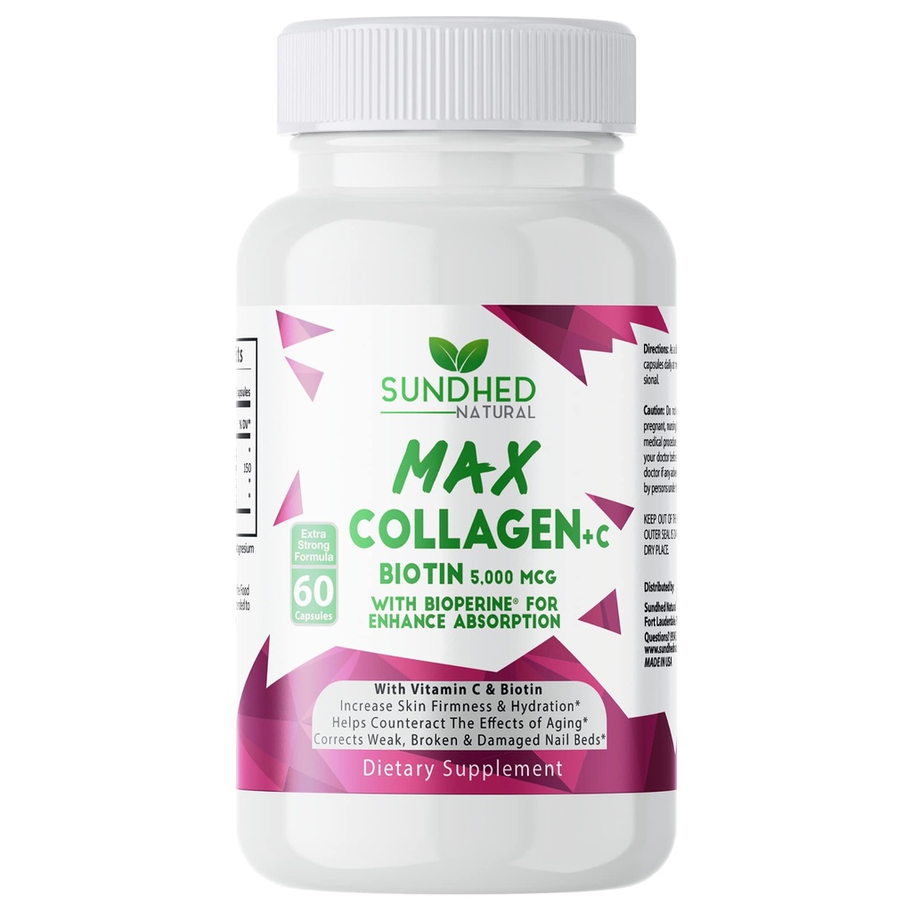 Max Collagen Plus C (60 capsules) - Toutes les capsules de collagène naturel avec biotine et biopérine pour stimuler l'hydratation antivieillissement et la fermeté de la peau - pilules de collagène pour renforcer les os et les ongles