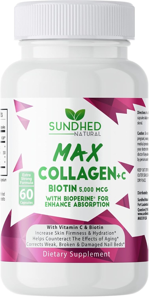 Max Collagen Plus C (60 capsules) - Toutes les capsules de collagène naturel avec biotine et biopérine pour stimuler l'hydratation antivieillissement et la fermeté de la peau - pilules de collagène pour renforcer les os et les ongles
