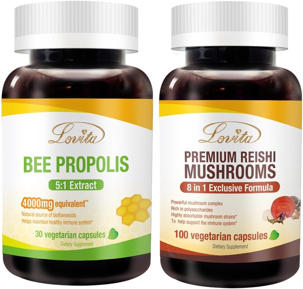 Lovita Bee Propolis Capsule & Premium Reishi Champignons Nutriments Bundle. Le supplément alimentaire soutient une meilleure nutrition et le bien-être général