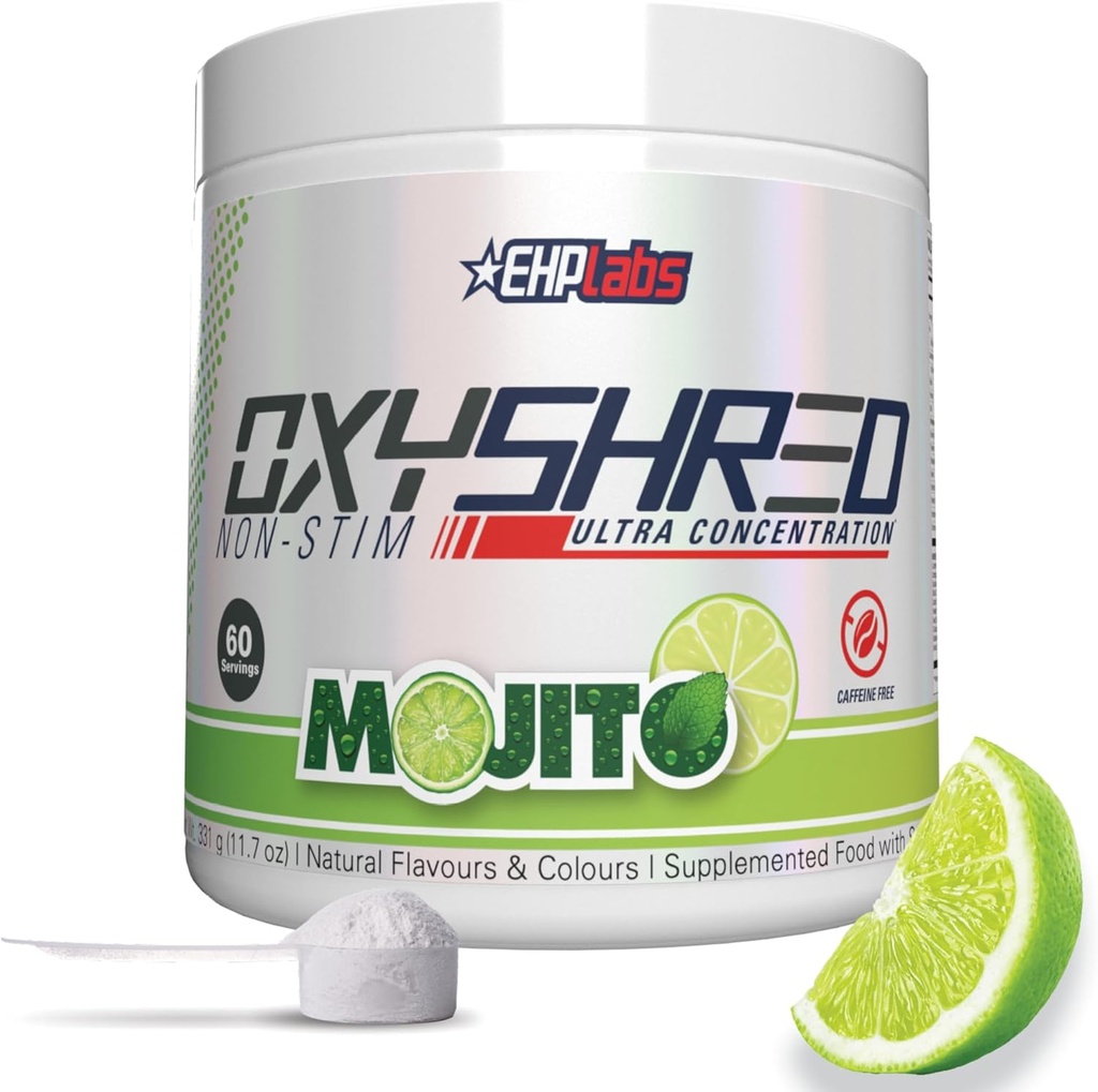 EHP Labs OxyShred Non Stimulant Pre Workout Powder - Stim Free Pre Workout, Caffeine Free Preworkout pour les hommes et les femmes - Non Stim Preworkout - Sugar Free Energy Powder - Mojito, 60 portions
