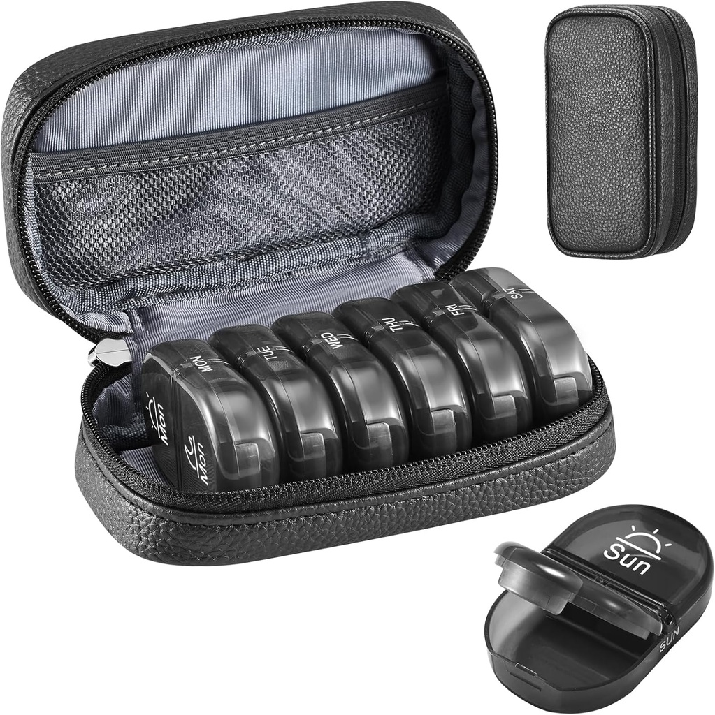 Serfeymi Weekly Travel Pill Organizer 2 fois par jour AM PM Upgraded Black Pill Box 7 Day with Portable Zipper Pill Case en cuir PU, Organisateur de médecine pour les pilules, les vitamines, les huiles de poisson - Noir 01