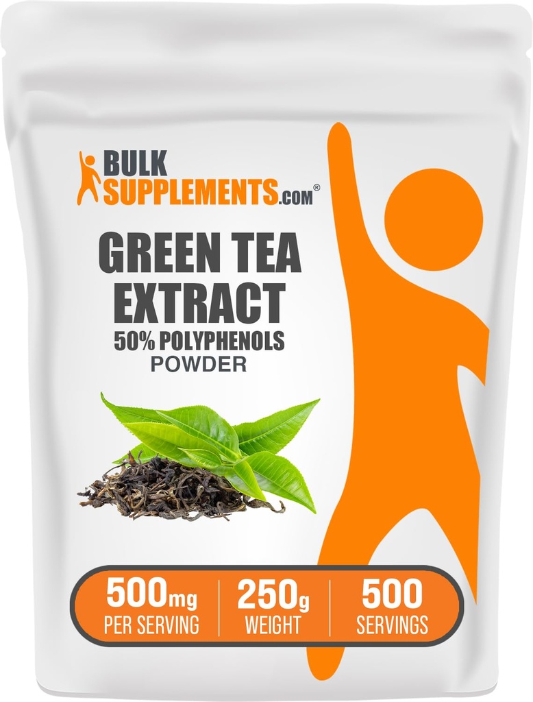 BulkSupplements.compoudre d'extrait de thé vert - Supplément de 50% de polyphénols, Suppléments d'EGCG - Sans gluten, 500mg par portion, 250g (8,8 oz) (paquet de 1)