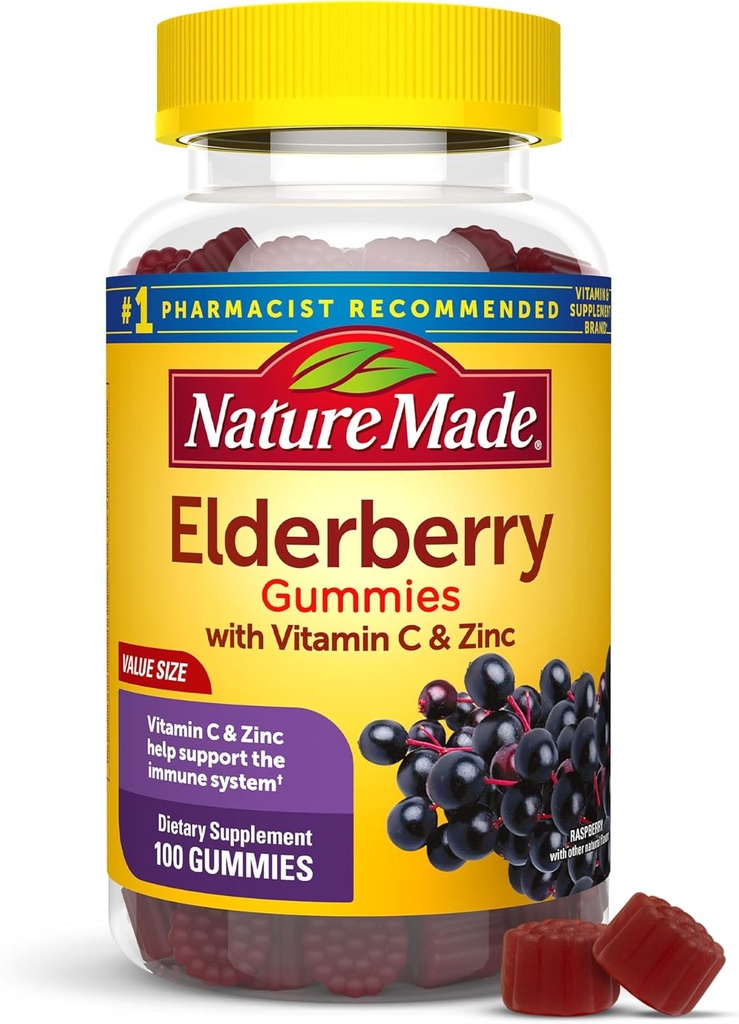 Nature Made Elderberry with Vitamin C and Zinc, Dietary Supplement for Immune Support, 100 Gummies, 50 Day Supply