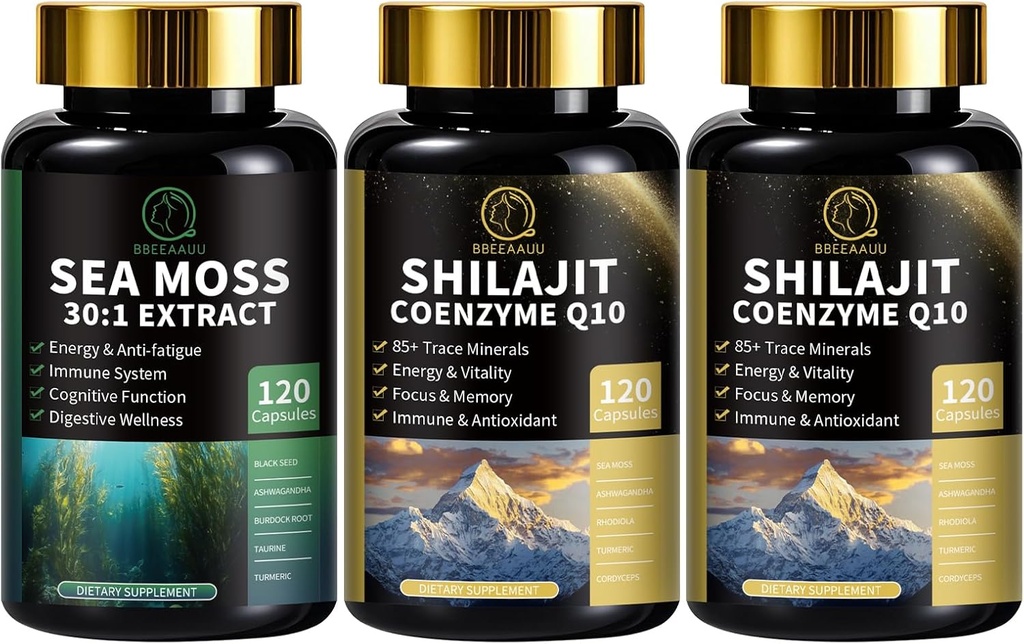 Capsules de mousse de mer et de chilajit pour les hommes et les femmes, Tous en 1 suppléments avec Shilajit, Moss de mer, Coenzyme Q10, Graine noire, Ashwagandha, Burdock pour l'énergie, Antioxydant & Immmune Support