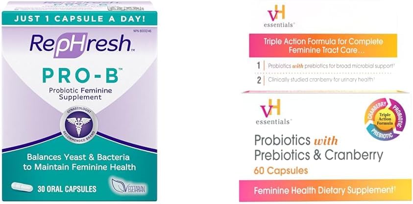 Rephresh Pro-B Probiotic Supplement for Women, 30 Capsules Orale et vH Essentials Probiotics avec Prébiotiques et Supplément Santé Féminine de canneberge - 60 Capsules