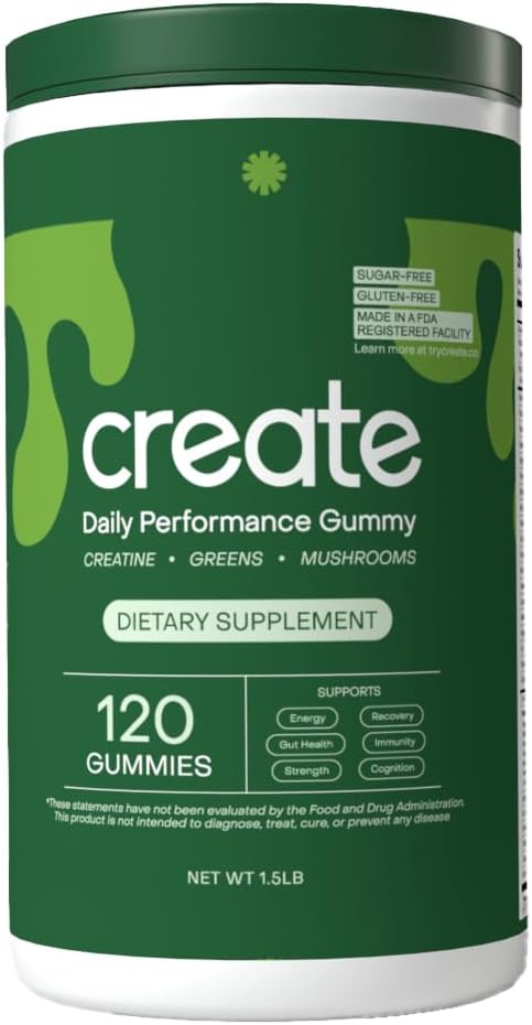 Créer une performance quotidienne Gommy - Gommies monohydratées en créatine pour hommes et femmes - Boost Energy, Immunity & Strength, Vegan, Sans gluten, 4g Creatine+5g Fibre par service (120 ct Gommies, 30 portions)