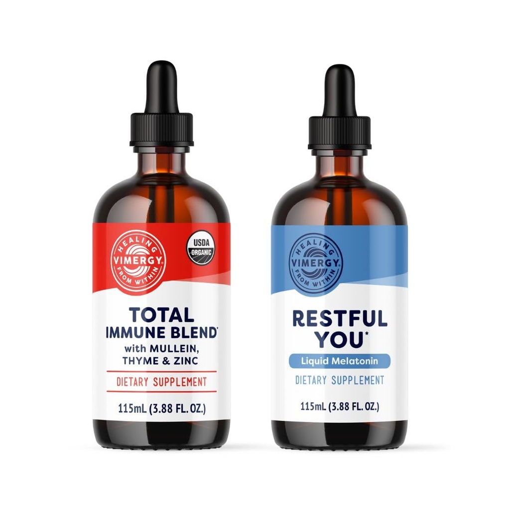 Vimergy Nighttime Fortifier Kit* - 2500 mcg Zinc, 5000 mcg Melatonin, 130 mg Mullein Extract, 70 mg Thym Extract. Réparation, reconstruction et renouvellement de cellules immunitaires pendant le sommeil. Vegan, sans gluten, casher