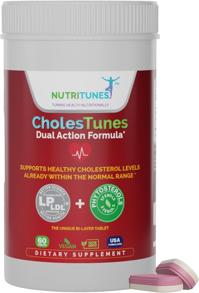 CholesTunes – Supplément de soutien au cholestérol avec Phytostérols et LP probiotique LDL pour le mieux-être cardiaque et cardiovasculaire – non-OGM, sans gluten, sans soja, sans lactose, 60 comprimés