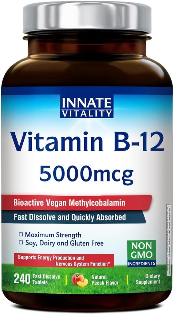 Vitalité innée Vitamine B12 5000mcg, Sublingual, Méthylcobalamine végane, Comprimés dissolvants rapides, Saveur naturelle de pêche, soutient la production d'énergie et système nerveux sain, 240 Comprimés