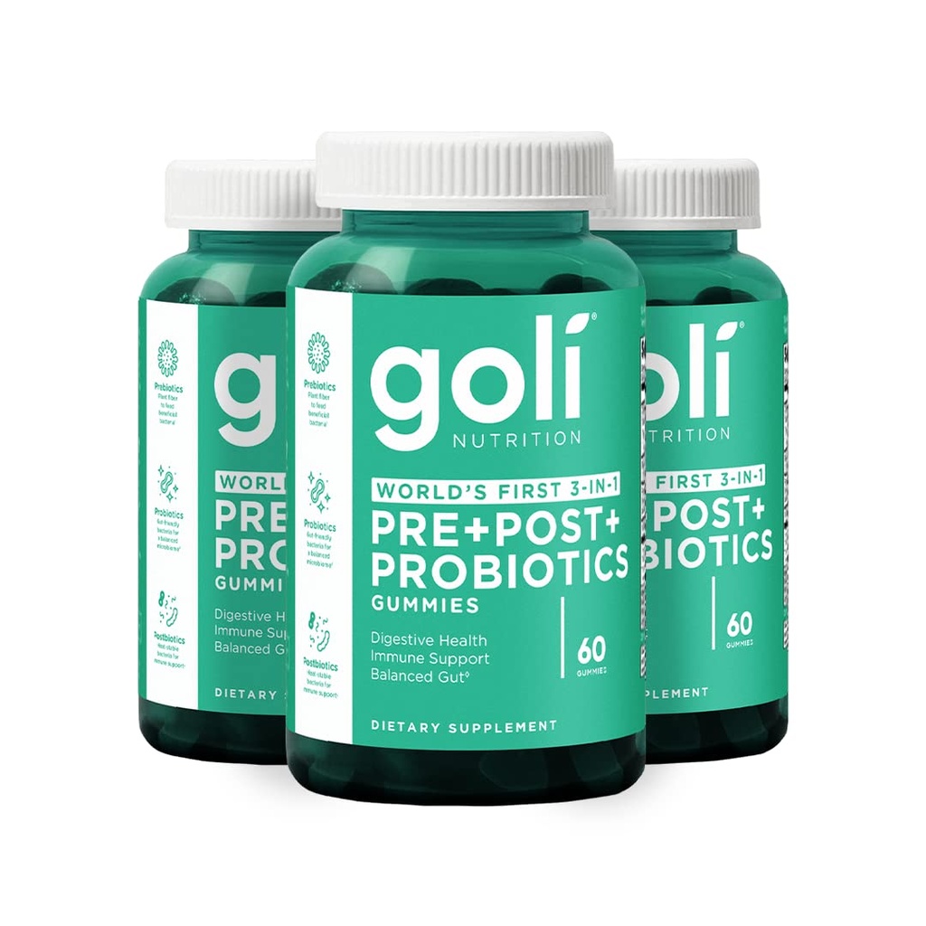 Goli complément nutritionnel, pré+post+probiotiques Gummy - 180 Comte - Premier 3-en-1 sans gluten, végétalien, non-OGM et sans gélatine au monde.