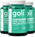 Goli complément nutritionnel, pré+post+probiotiques Gummy - 180 Comte - Premier 3-en-1 sans gluten, végétalien, non-OGM et sans gélatine au monde.