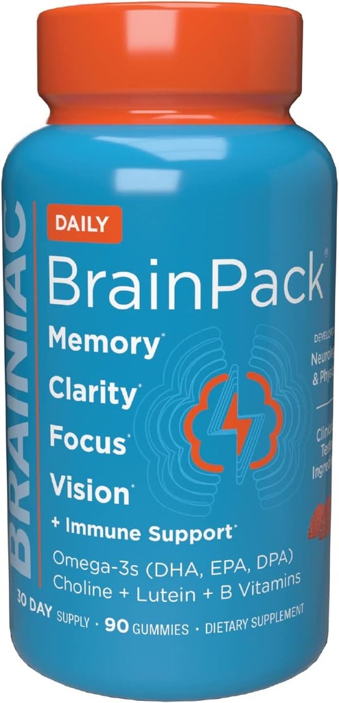 Brainiac Daily BrainPack Gummies, soutient la santé du cerveau avec Omega 3 DHA EPA DPA, Choline, B6 & B12 et Lutein pour la santé des yeux avec le soutien immunitaire, Citrus Berry Flavor, 90 ct