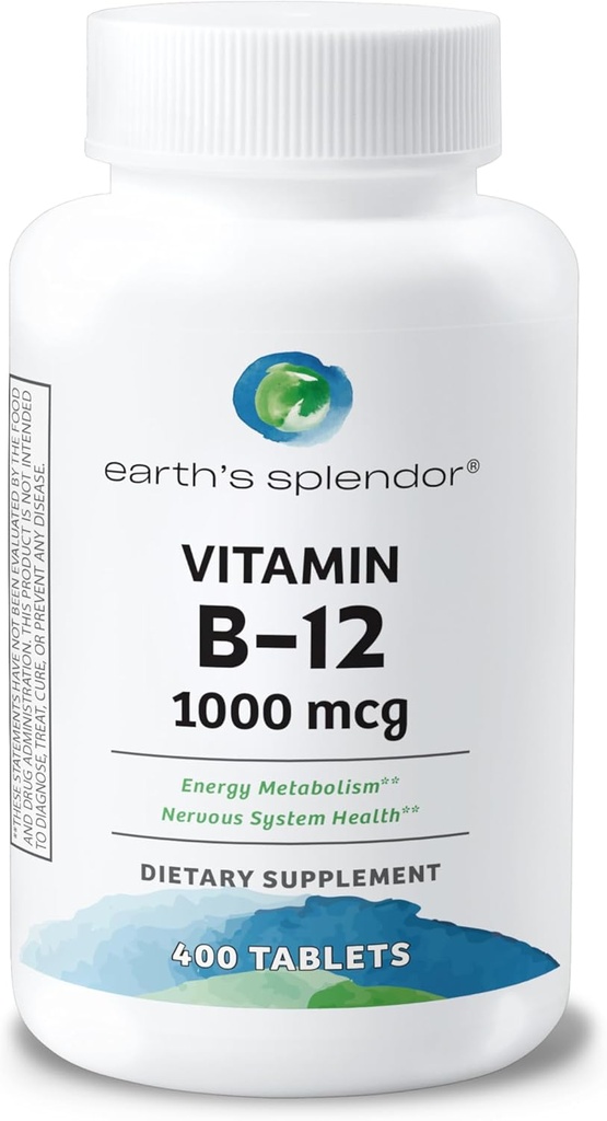 Suppléments d'énergie Splendor de la Terre, avec vitamine B12, pas de couleur ou d'arôme artificiel, sans gluten, support du métabolisme énergétique (1000mcg, 400 comprimés)