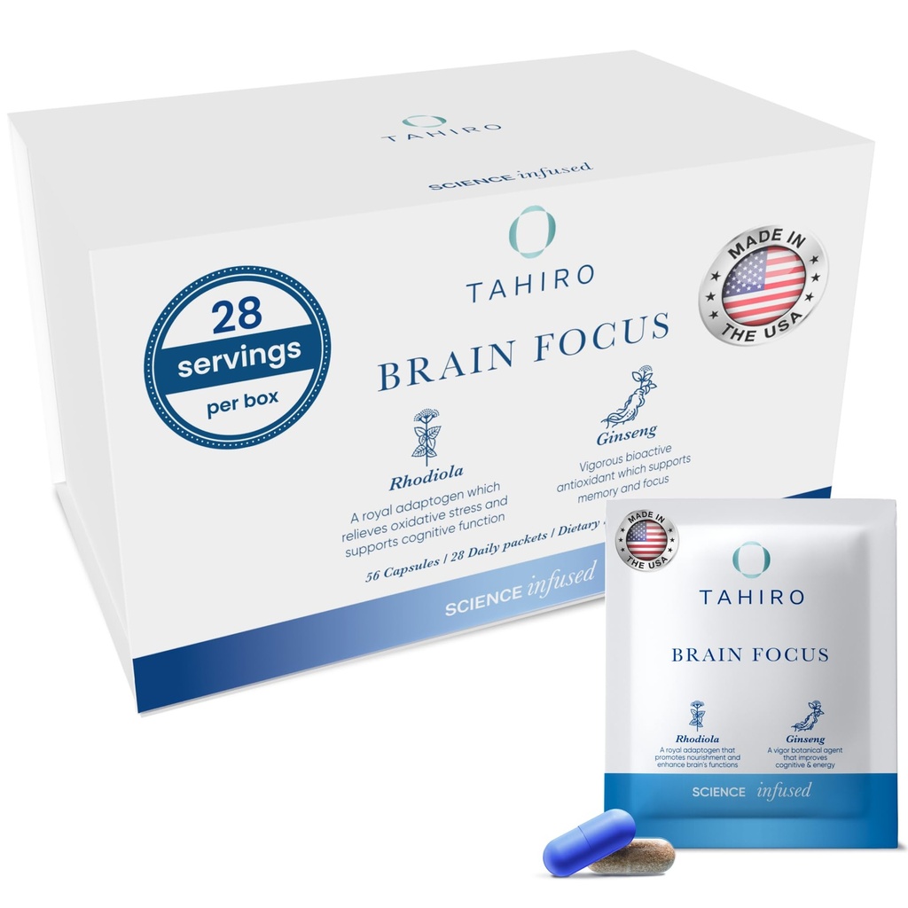 Supplément Cerveau de TAHIRO – Supplément Cerveau pour la Mémoire et la Focus – Supplément Cerveau Naturel avec Gingko Biloba, Panax Ginseng, Extraits à base de plantes – Booster Cerveau végétalien non OGM – 28 paquets