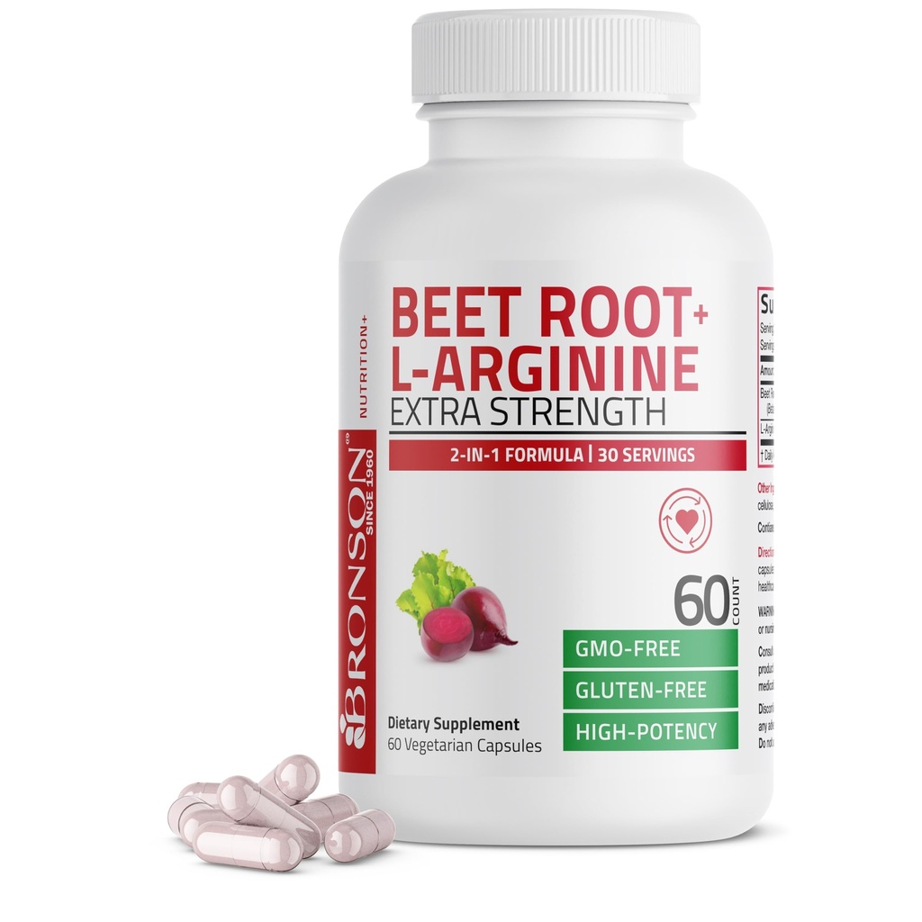 Bronson Beet Root + L-Arginine Production d'oxyde nitrique - Non-OGM, 60 Capsules végétariennes