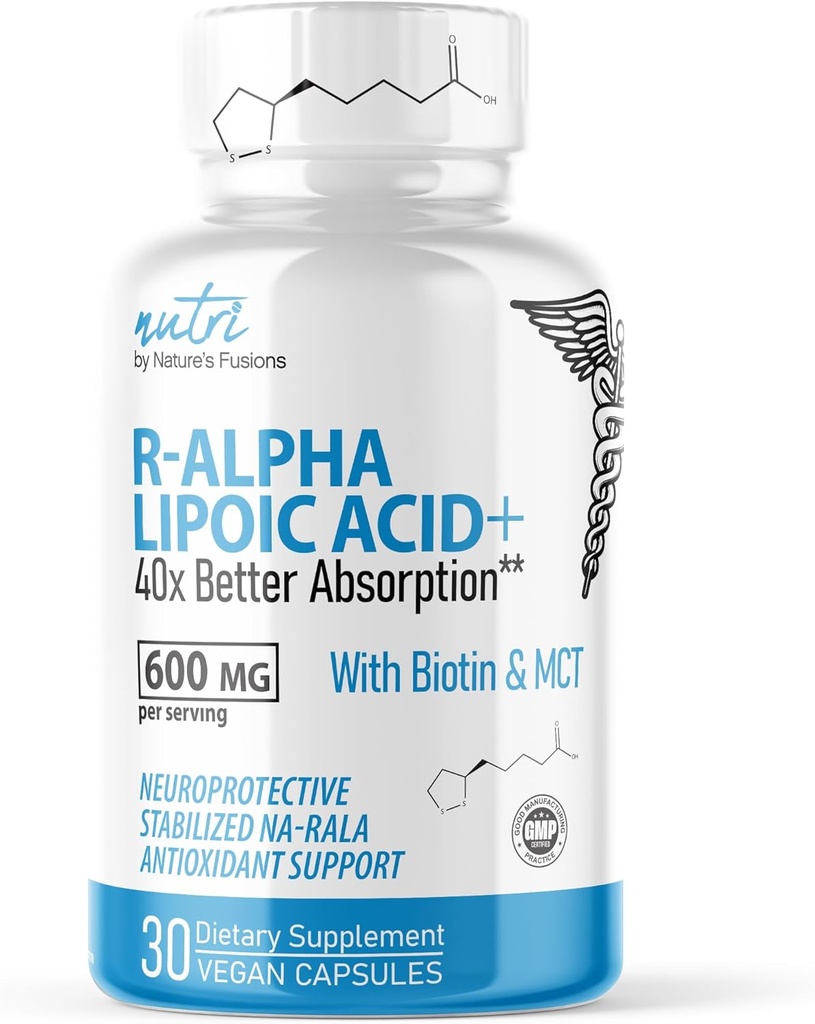 Nutri R Alpha Lipoic Acid 600mg Capsules - R Lipoic Acid Stabilized with Biotin - Active Form of R-ALA - 600 mg Clinical Dosage - Powerful Cellular Energy Support - 30 Vegan Capsules - RALA