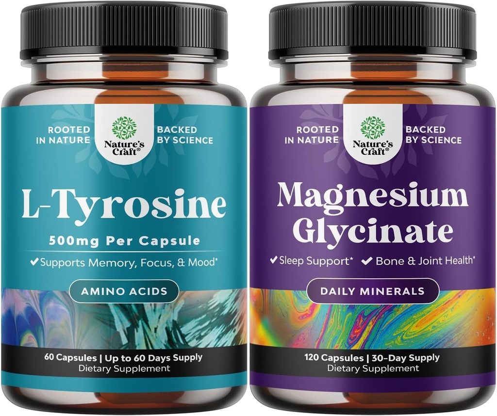 Lot de capsules de forme libre L Tyrosine 500mg - Supplément L-Tyrosine haute résistance pour l'énergie mentale et le soutien de la concentration et le glycinate de magnésium 400mg par service pour l'humeur du sommeil et la relaxation