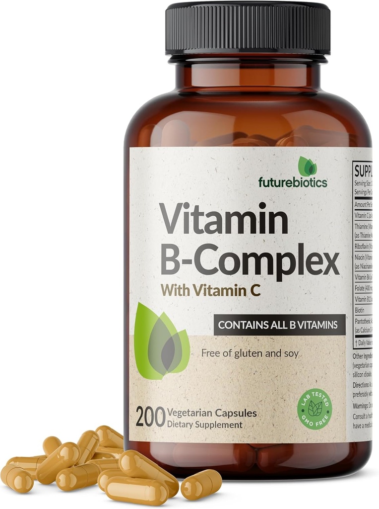 Futurebiotics Complexe Vitamine B avec vitamine C soutient la production d'énergie, le système nerveux et le soutien immunitaire - non-OGM, 200 capsules végétariennes
