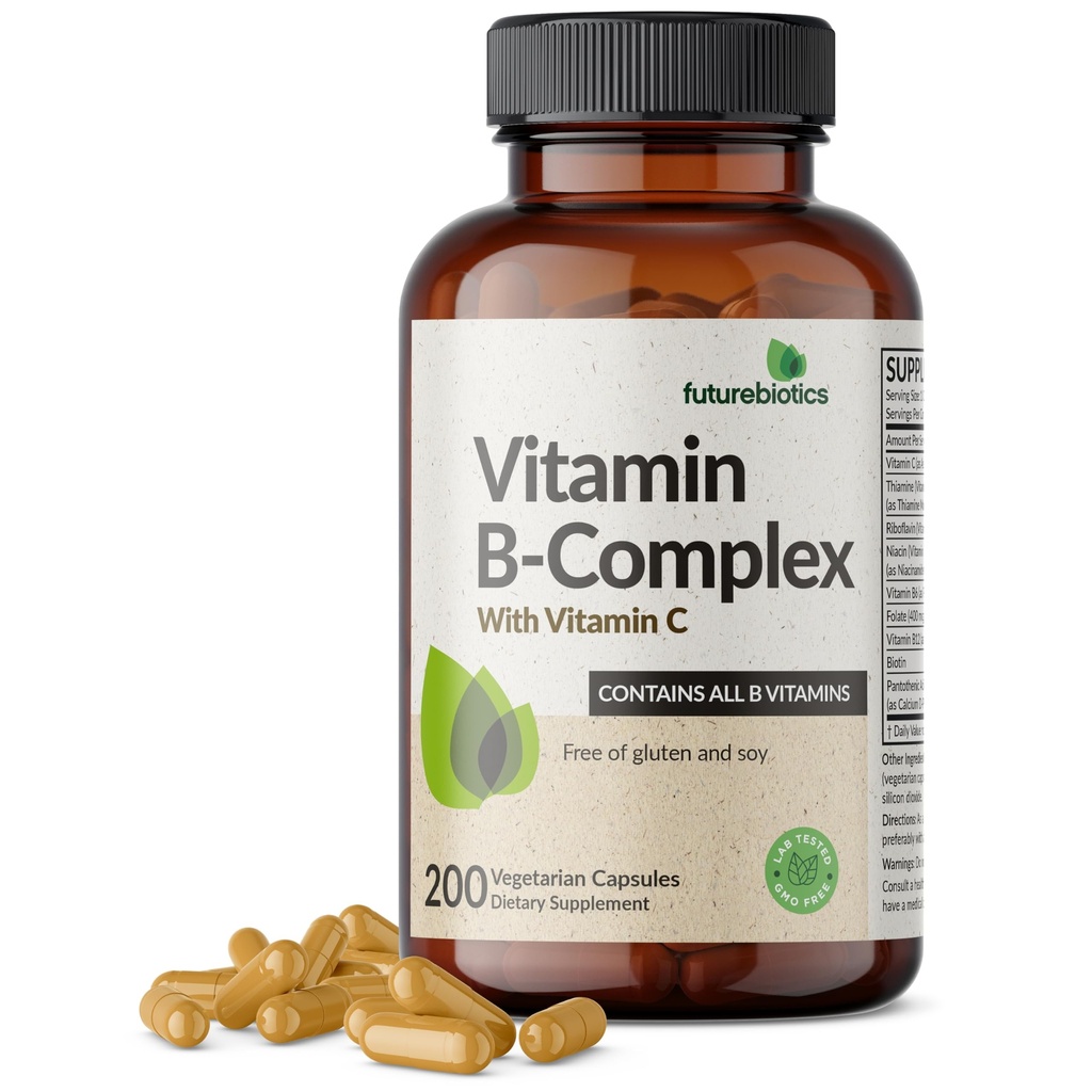 Futurebiotics Complexe Vitamine B avec vitamine C soutient la production d'énergie, le système nerveux et le soutien immunitaire - non-OGM, 200 capsules végétariennes