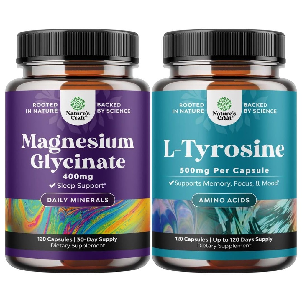 Ensemble de Glycinat de magnésium 400mg Capsules et Potent L Tyrosine 500mg Capsules - pour le soutien du sommeil Bone Health Muscle Recovery - Amino Acid Supplément nutritionnel pour la santé du cerveau Thyroïde Support