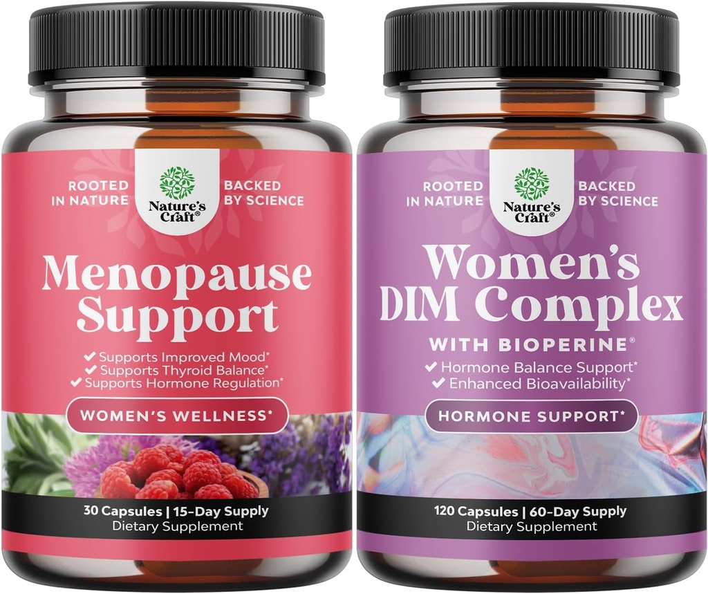 Ensemble de complément complet à la ménopause à base de plantes pour les femmes - Équilibre multi-avantages de la ménopause à base d'hormones et supplément Potent DIM pour les femmes ayant un soutien à la ménopause DIM et au poivre noir et un soulagement du SPM