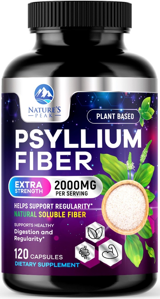 Supplément de fibre de mousse de Psyllium 1500mg - Prébiotique végétalien, fibre soluble pour la santé quotidienne digestive et le soutien de la régularité, bouchons en poudre de Psyllium naturel, sans sucre, sans OGM et sans gluten - 120 capsules