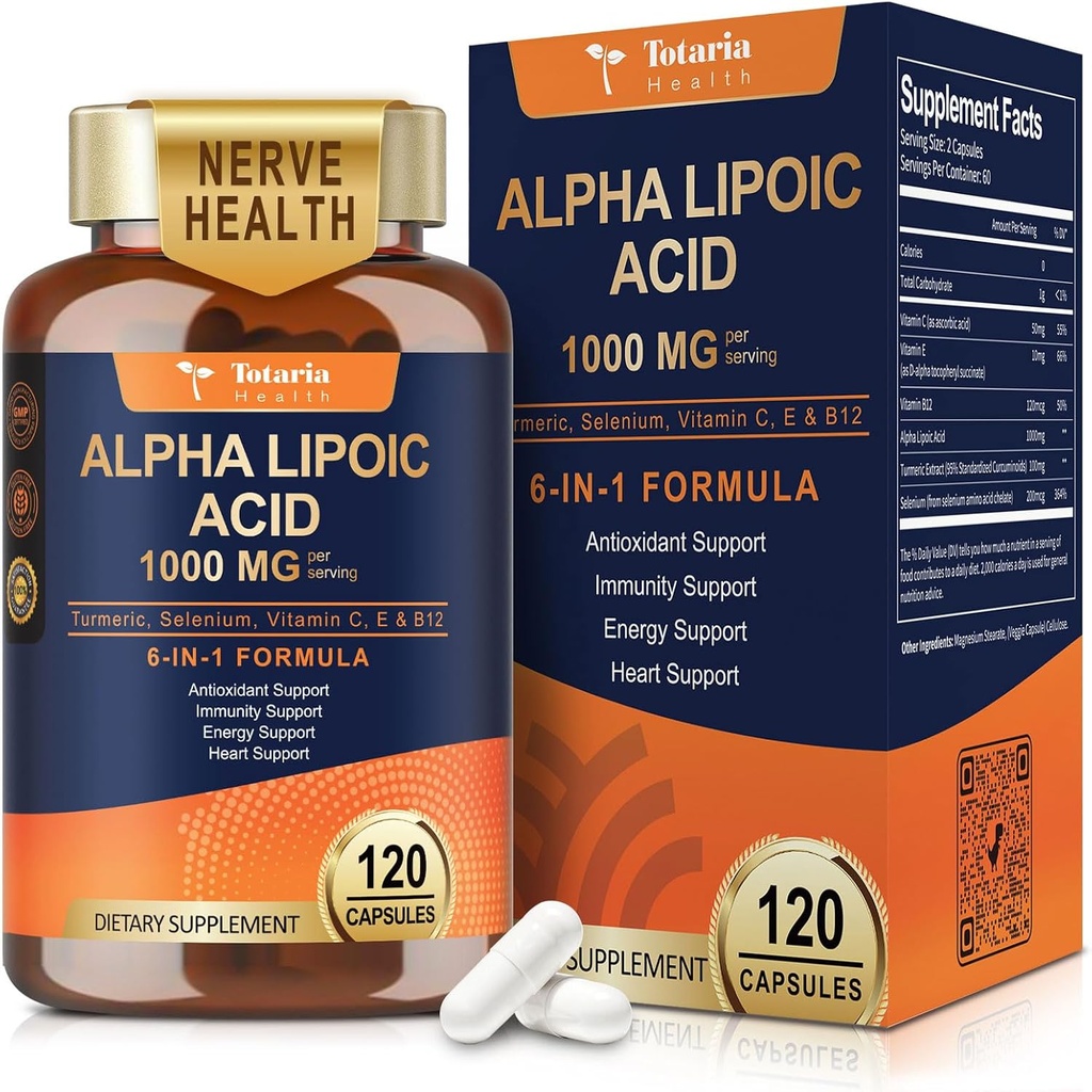 Totaria Alpha acide lipoïque 1000mg - supplément ALA antioxydant pour la neuropathie soutenir la santé nerveuse, détox hépatique, antioxydant, métabolisme et énergie cellulaire, anti-âge - non-OGM, sans gluten, sans végétalien